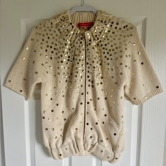 Y2K MANOUSCH CREAM WOOL BLEND EMBELLISHED OVERSIZED ZIP CARDIGAN - Picture 1 of 9